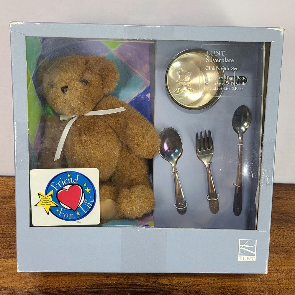Baby Gift Set Vintage Vermont Teddy Bear w Silver Plated Cup and Silverware Set